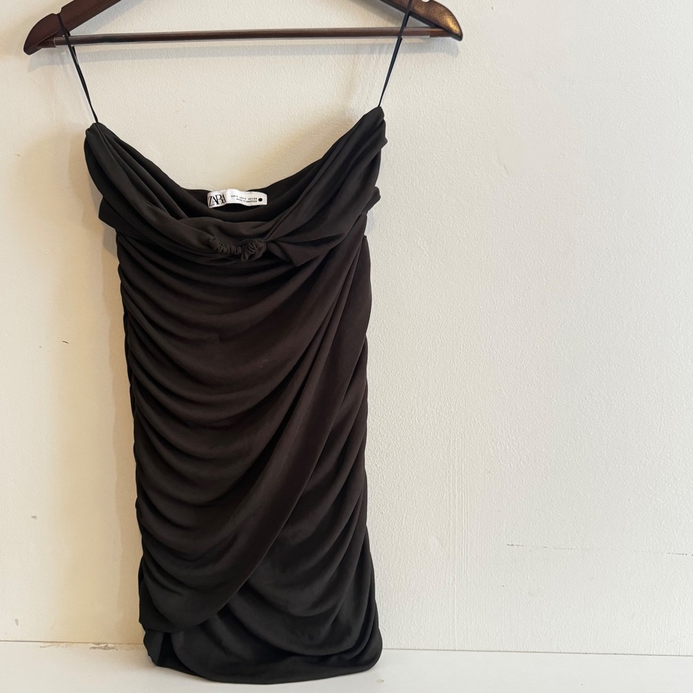 Zara Women's S Olive Green Ruched Strapless Mini Dress Bodycon Fall Formal